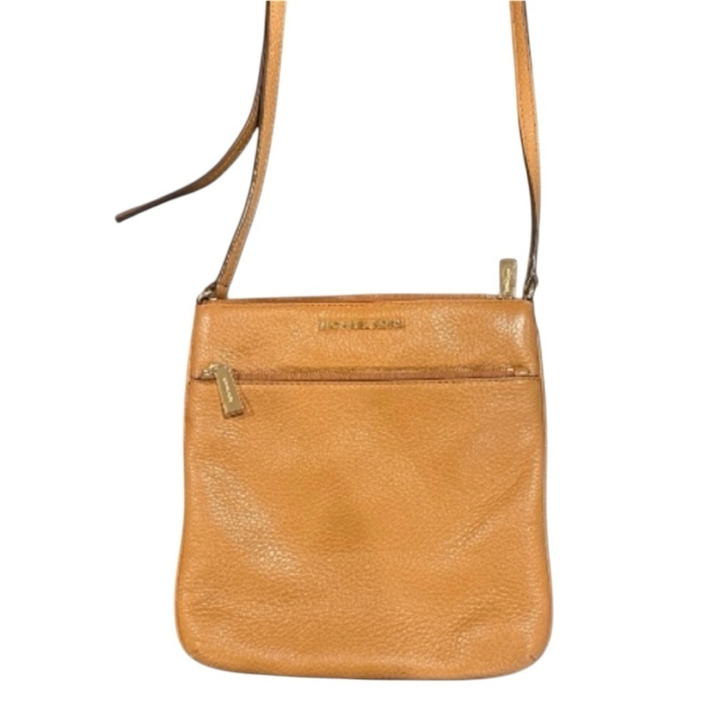 Michael Kors Tan Leather Messenger Bag MK caramel crossbody purse gold designer
